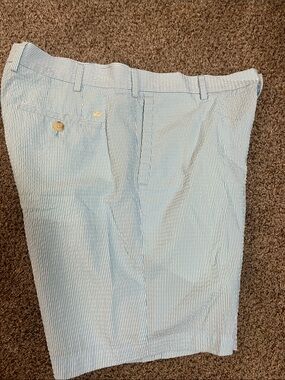 Peter Millar Light Blue and White Striped Seersucker Golf Shorts